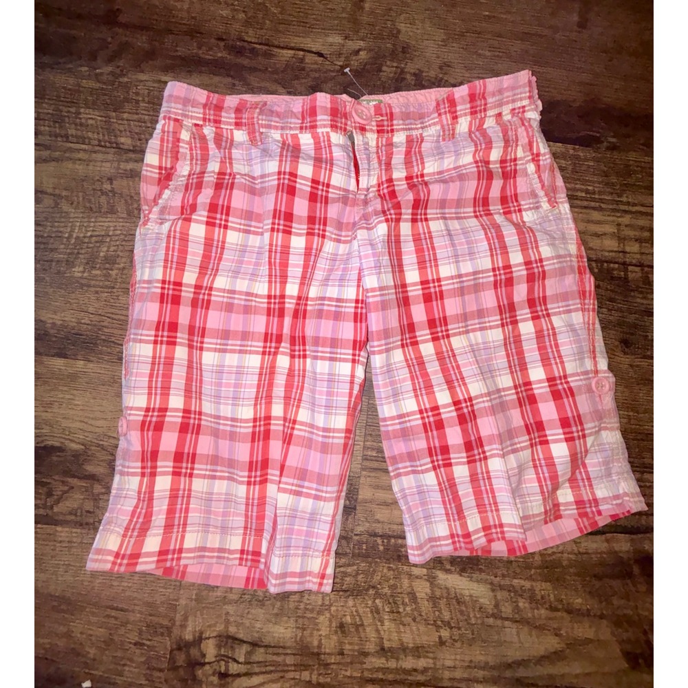American Eagle Pink Red Plaid Bermuda Shorts Women Size 6 Cotton Cinch Back